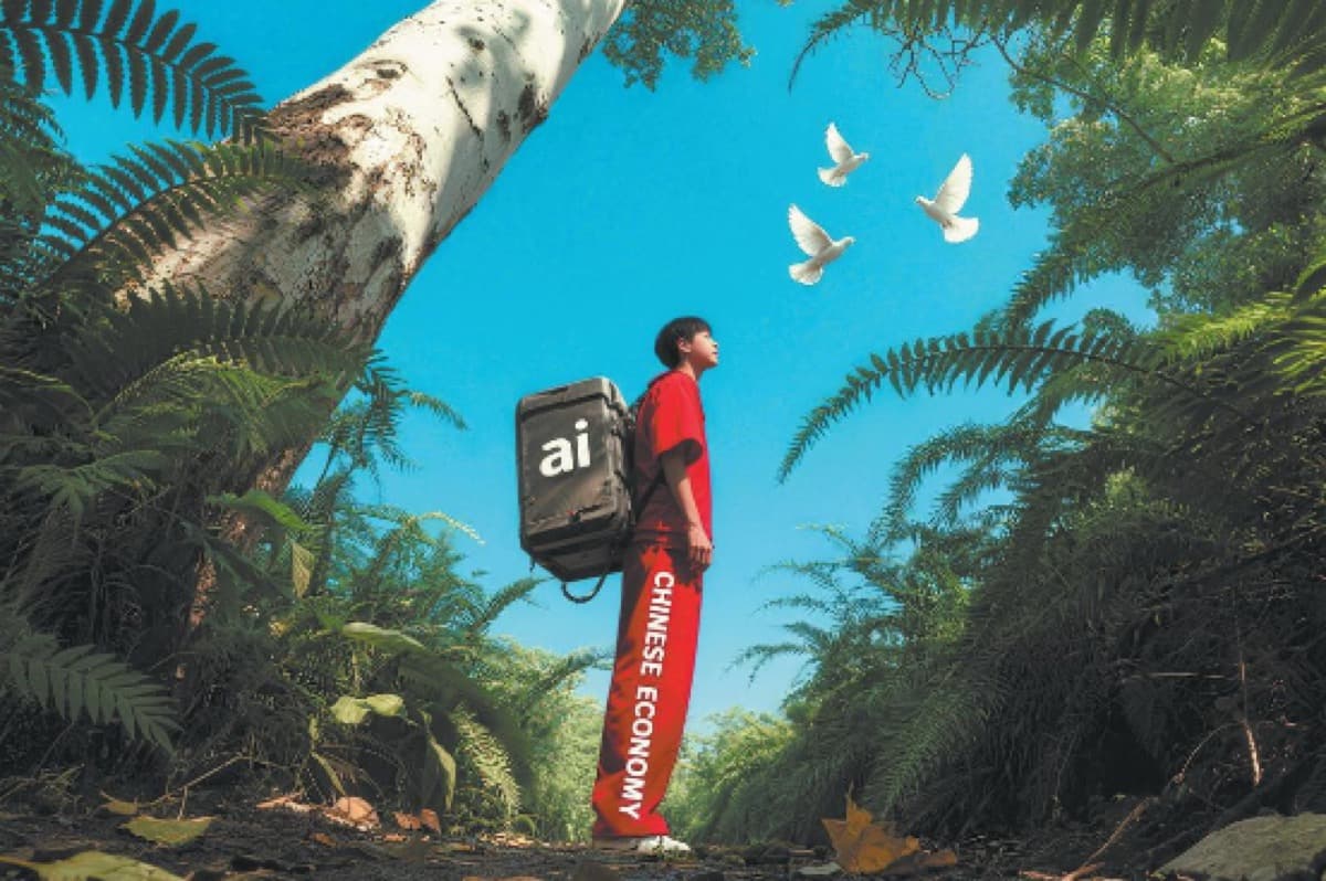 A conceptual illustration of a figure with an ai backpack and clothing reading Chinese Economy standing in a forest.