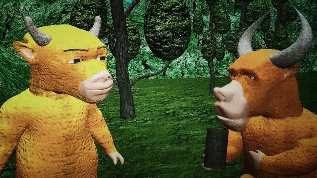 Two AI-generated cartoon bulls face each other in a woodland scene with an uncanny look.