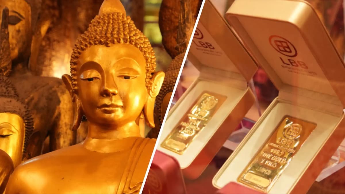 左侧是泰国寺庙中一尊金色佛像的特写,右侧是老挝金行展示的两块印有LBB标识的一公斤金条。