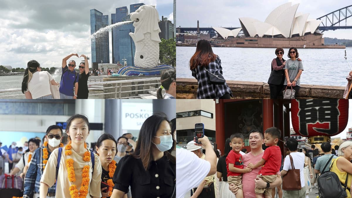 拼图:中国游客在新加坡、悉尼、东南亚机场与日本等地的旅行留影。