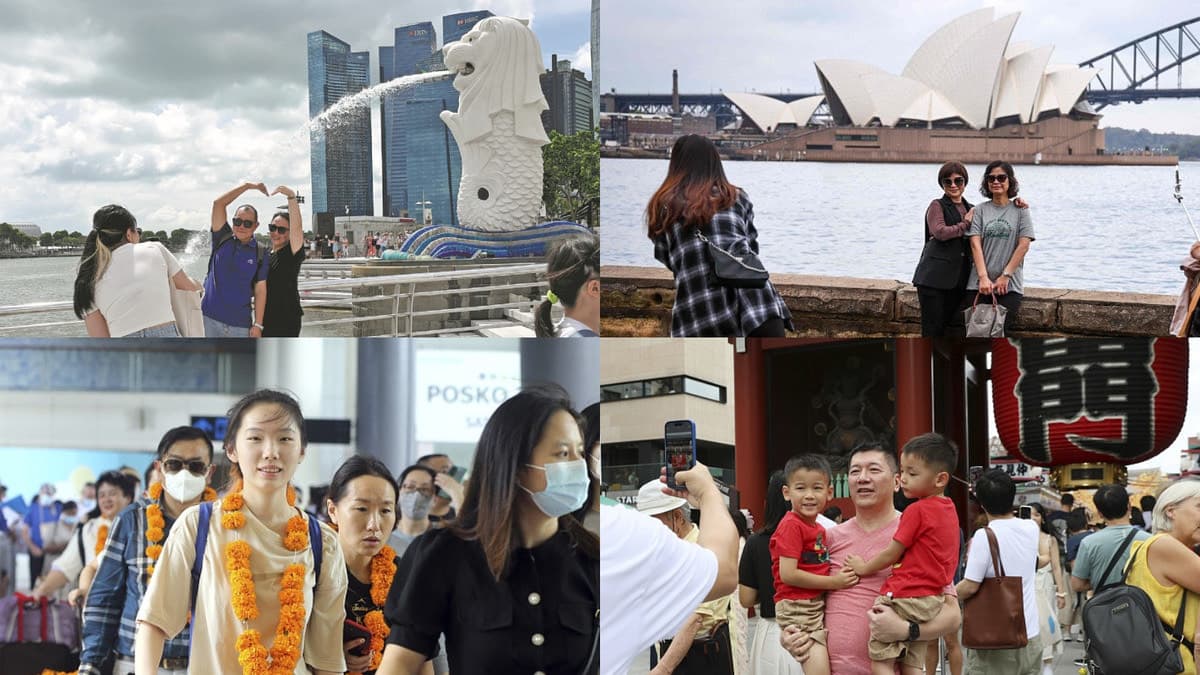 拼图:中国游客在新加坡、悉尼、东南亚机场与日本等地的旅行留影。