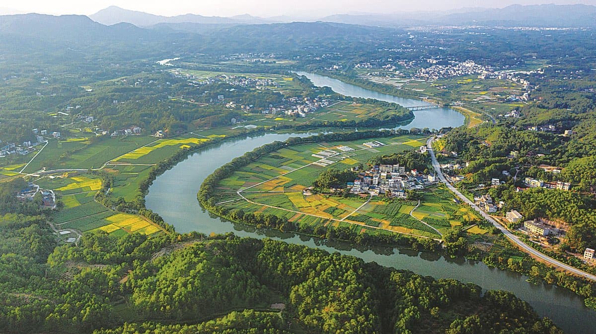 An aerial view of the Tingjiang River National Wetland Park in Changting, Fujian province.