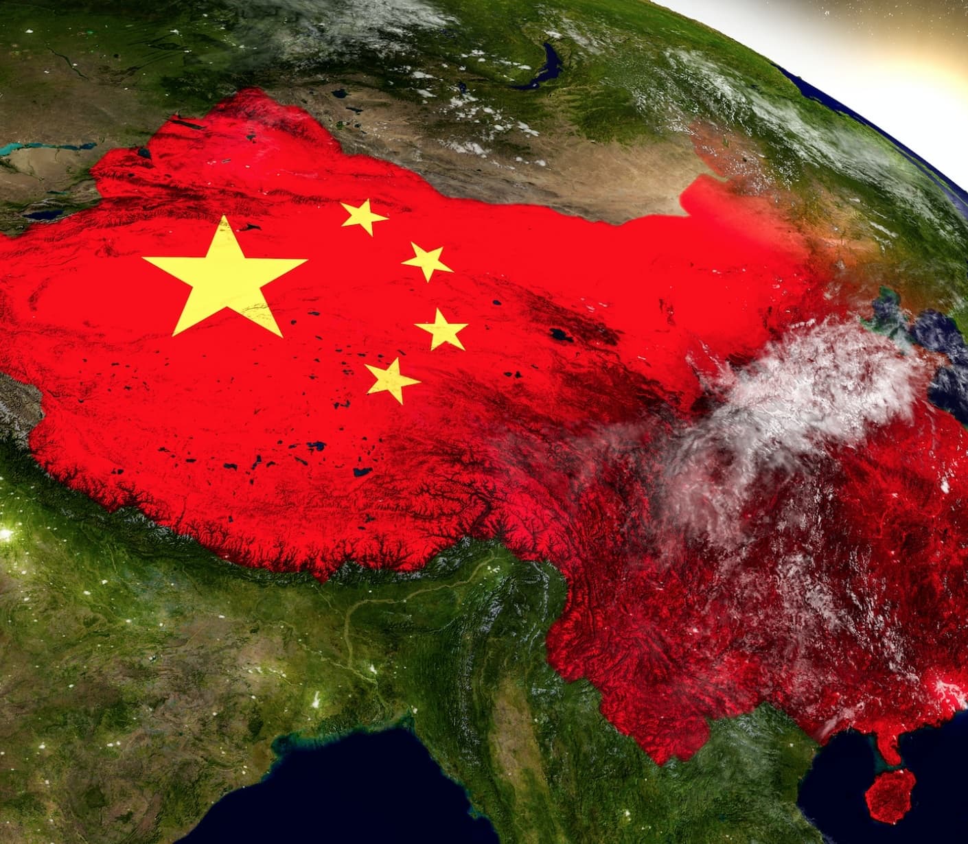 地球上覆盖中国国旗的中国版图卫星影像