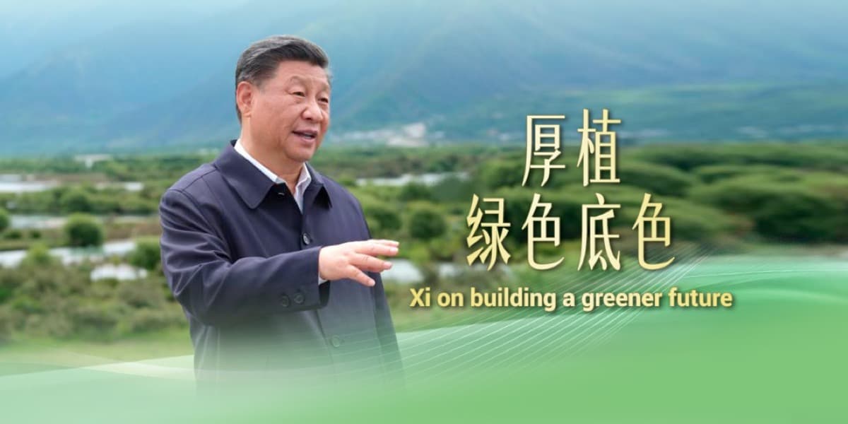 A themed graphic, Xi on building a greener future.